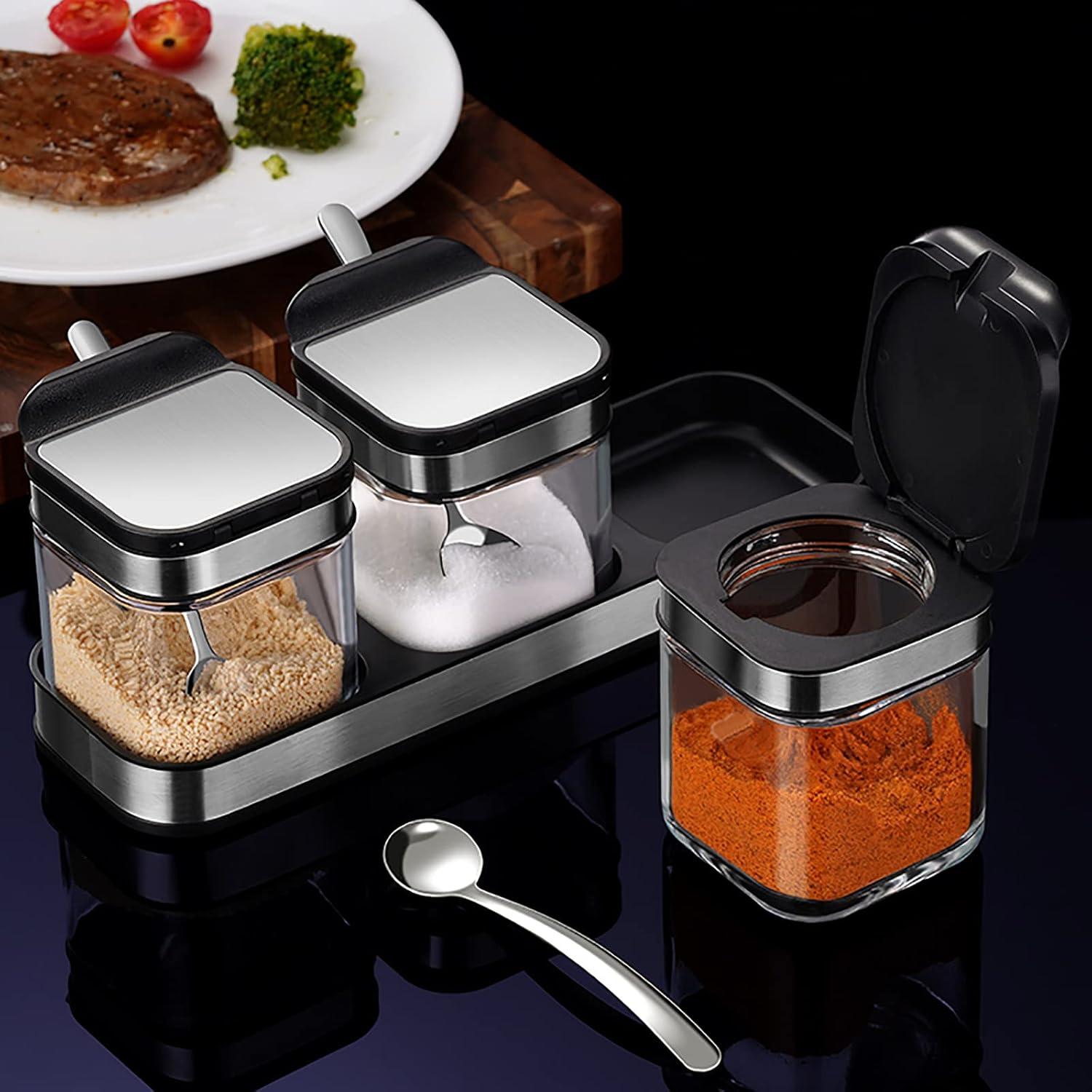 Glas Gewürzbehälter Set 3-teilig 220 ml Deckel Löffel Halter Küche