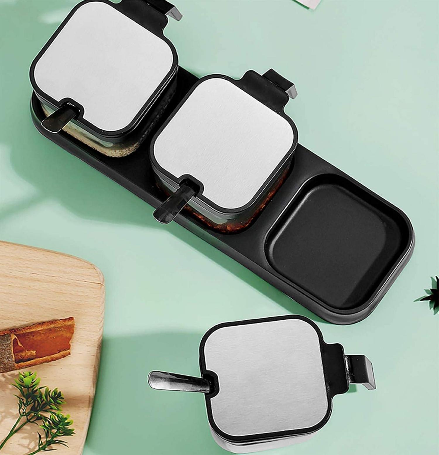 Glas Gewürzbehälter Set 3-teilig Deckel Löffel Halter Schwarz