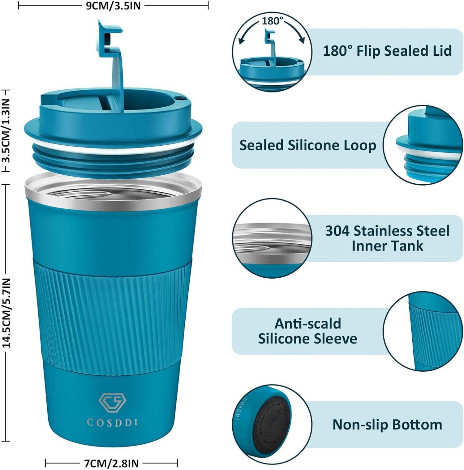 CS COSDDI Thermobecher Isolierbecher Edelstahl Travel Mug Vakuum auslaufsicher 380ml Blue
