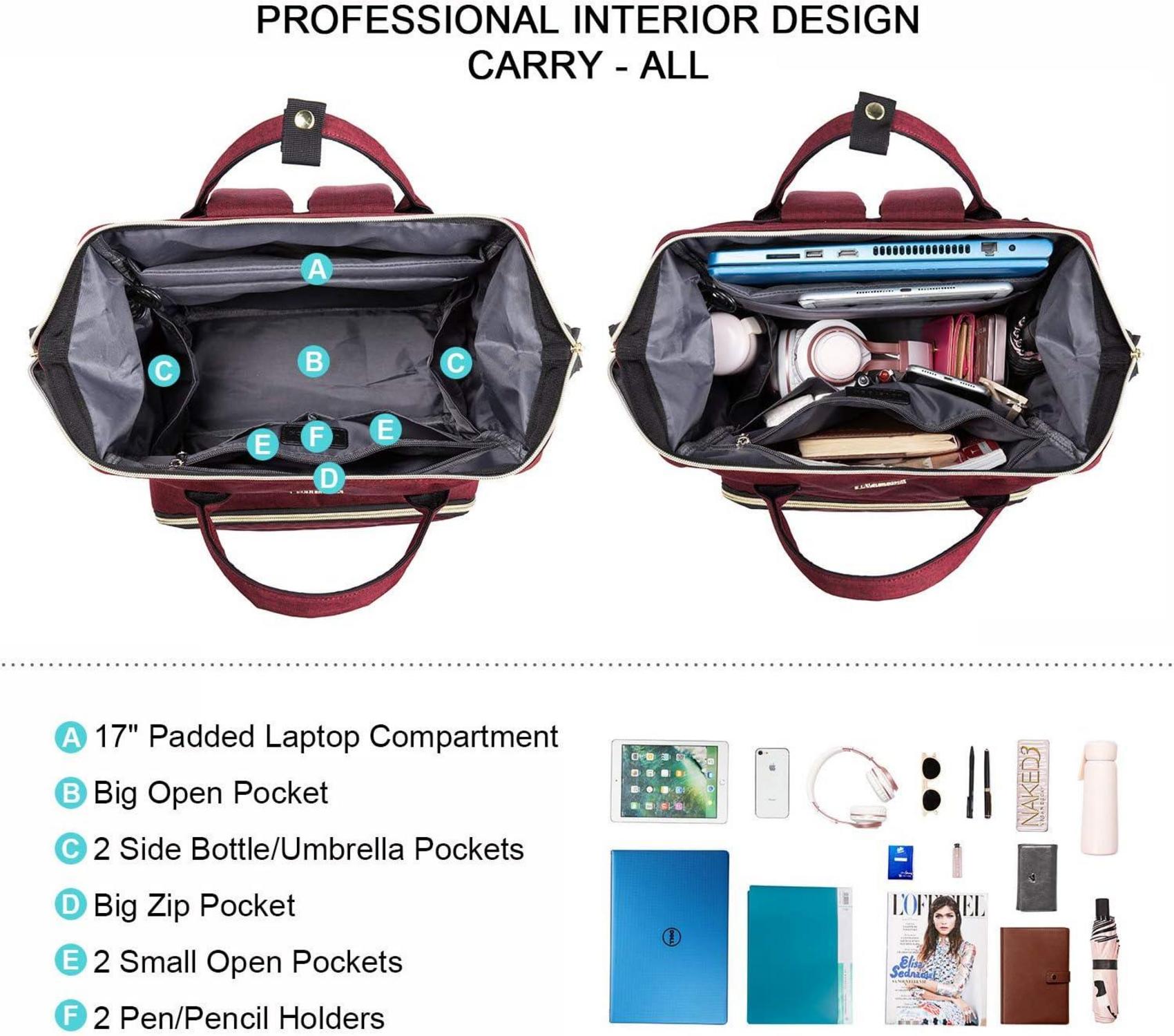 Laptoprucksack Damen 17 Zoll Wasserdicht USB Ladeanschluss Weinrot