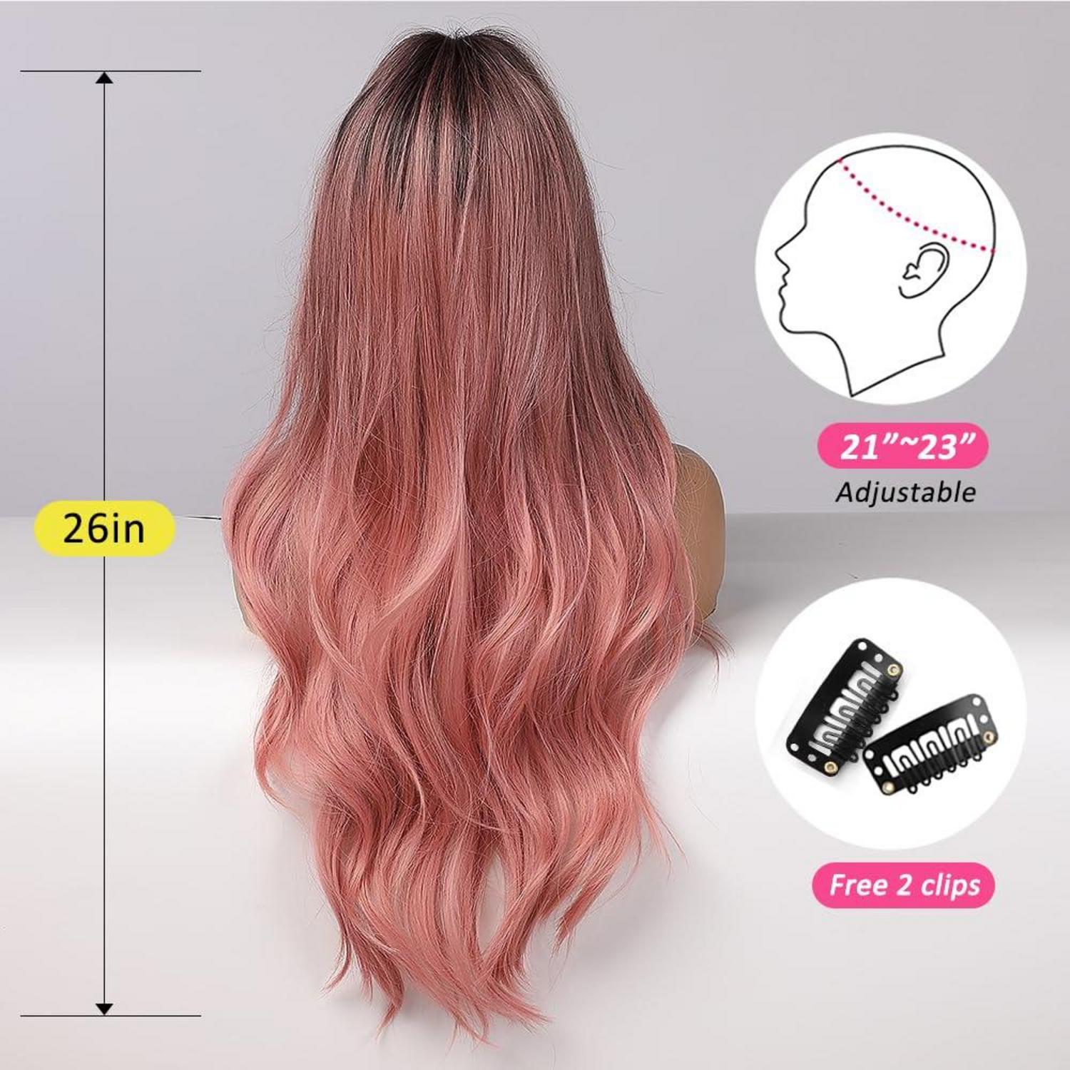 Ombre Rosa Lange Synthetische Perücke mit Dunklen Wurzeln