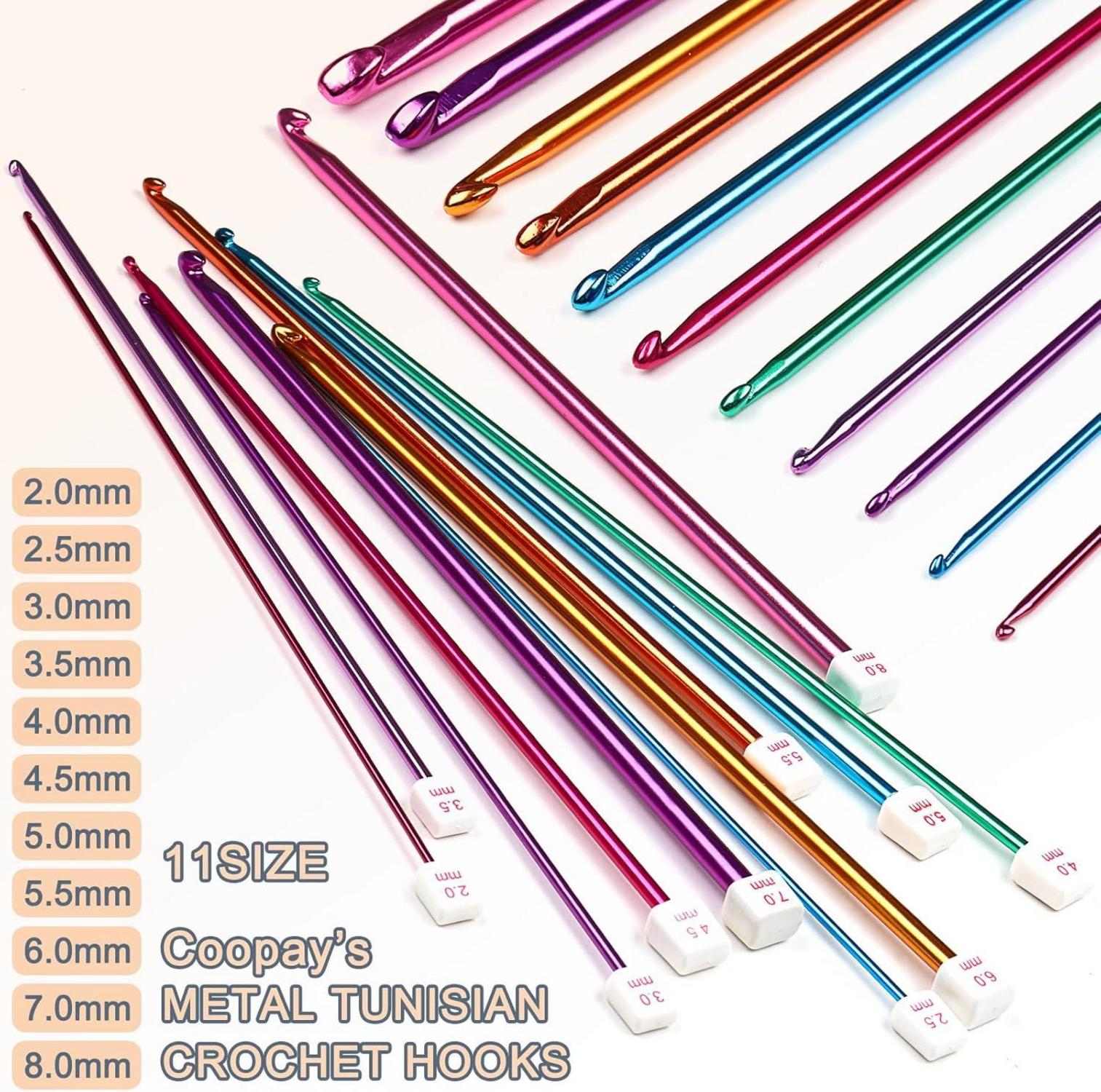 Coopay Tunesische Häkelnadeln Set | 11 Stück Bunt Aluminium Stricknadeln | 2,0-8,0 mm | Leichtes Häkelnadelset