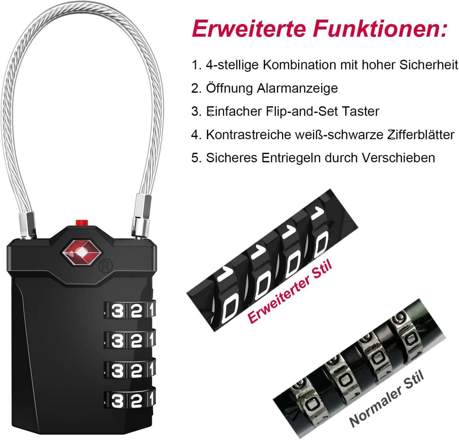 ZHEGE TSA Zahlenschloss 4 Stellig, Gepäckschloss mit Kabel 4er Set
