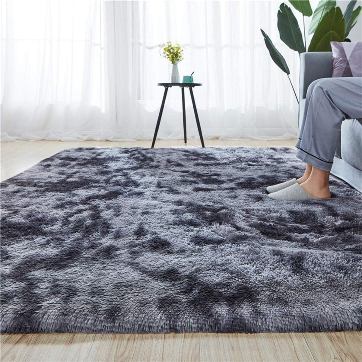 Weicher Shaggy Teppich, rutschfest, flauschig, Schwarz Grau 80x120 cm