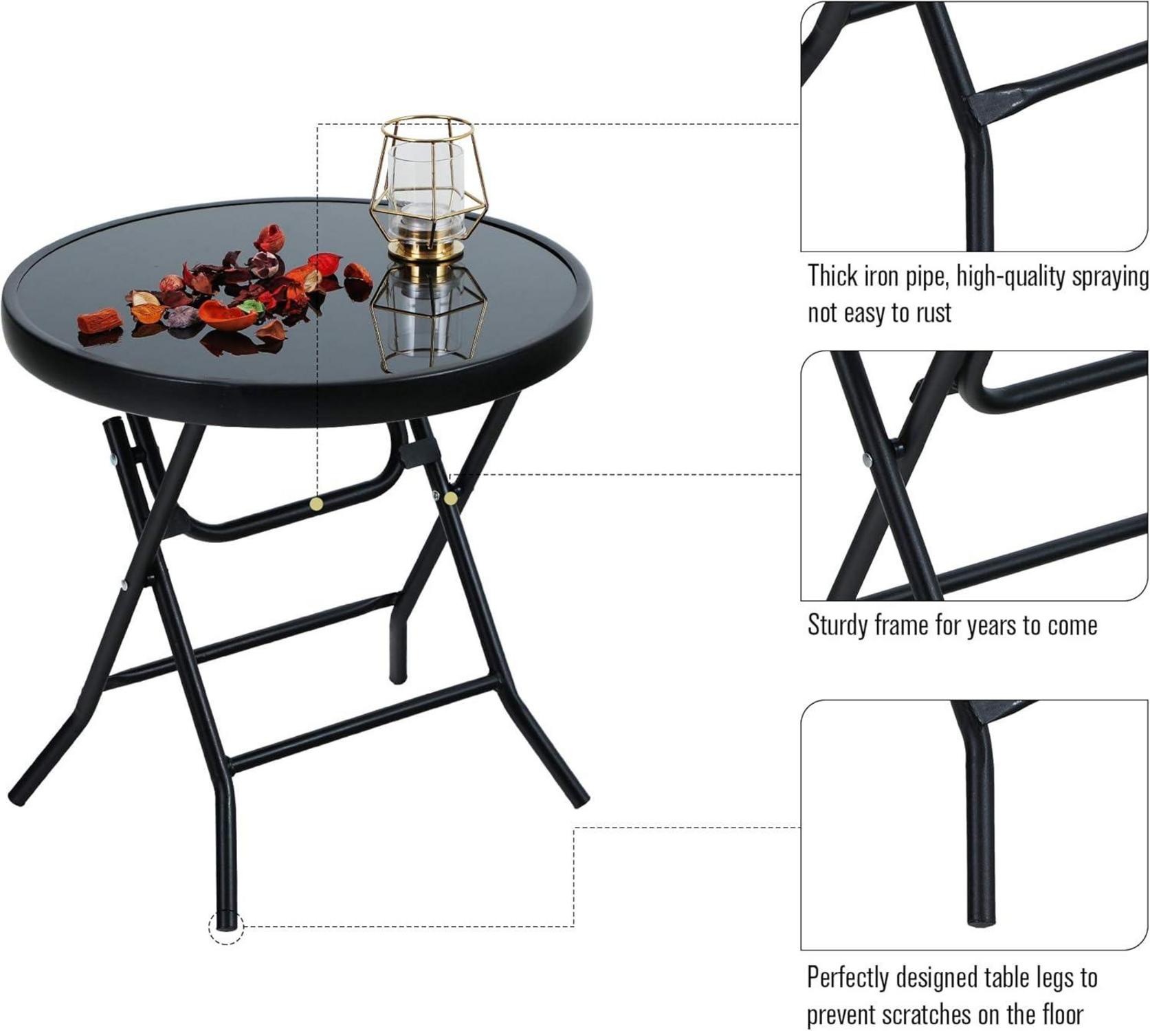 PHI VILLA Klappbarer Gartentisch Metall Glas Rund 46x46x48cm