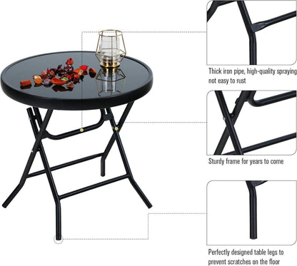 PHI VILLA Klappbarer Gartentisch Metall Glas Rund 46x46x48cm