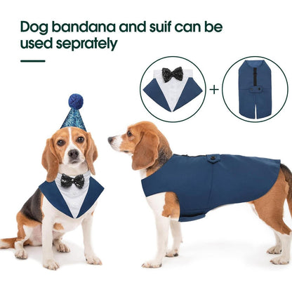 Hund Smoking Anzug mit Bandana & Fliege, Blau, S-XXL