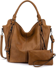 Damen Handtaschen Set 2-teilig Hellbraun Leder Shopper Hobo