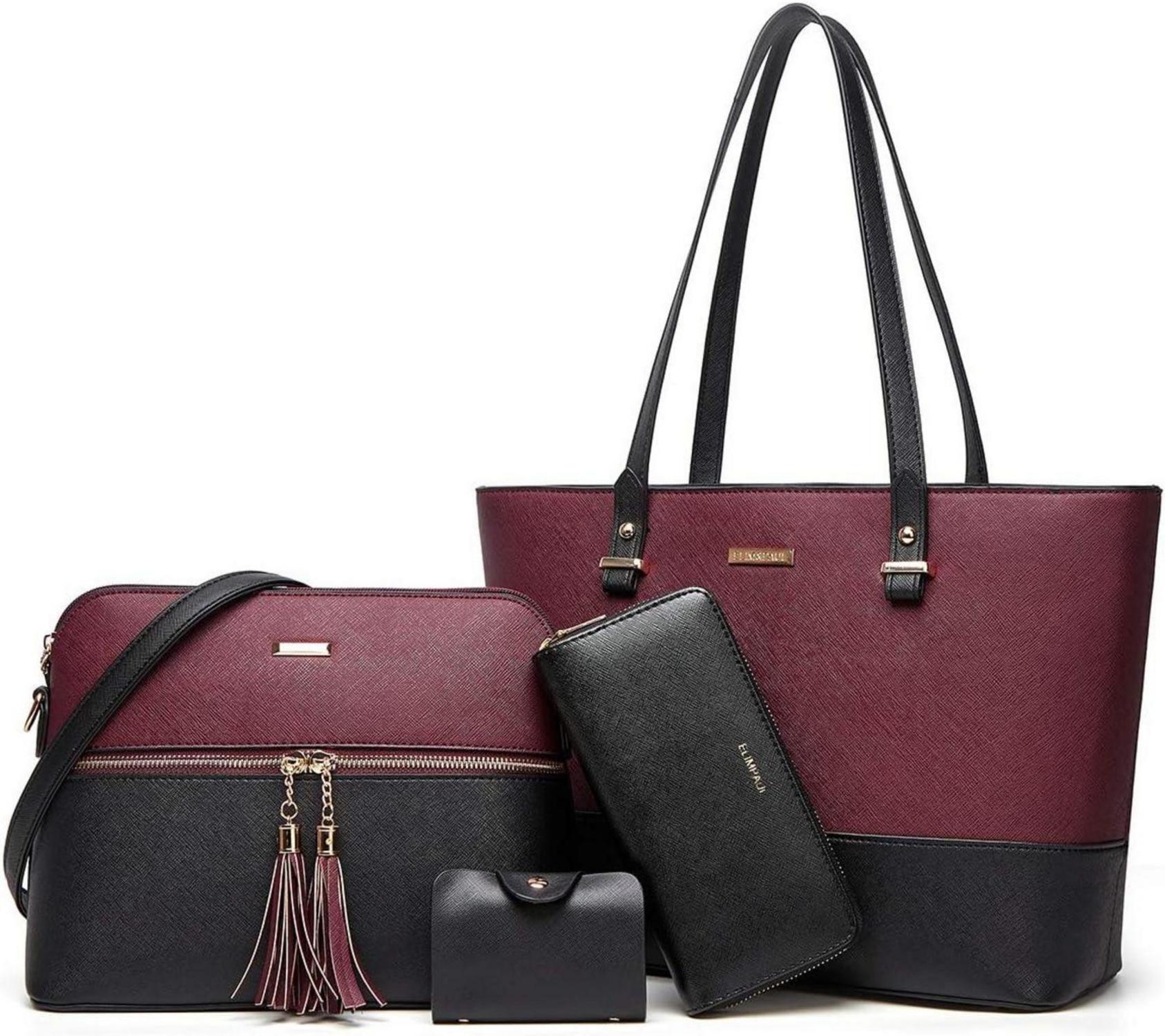 4tlg. YTL Damen Handtasche Set Schwarz-wein - Tote Schultertasche
