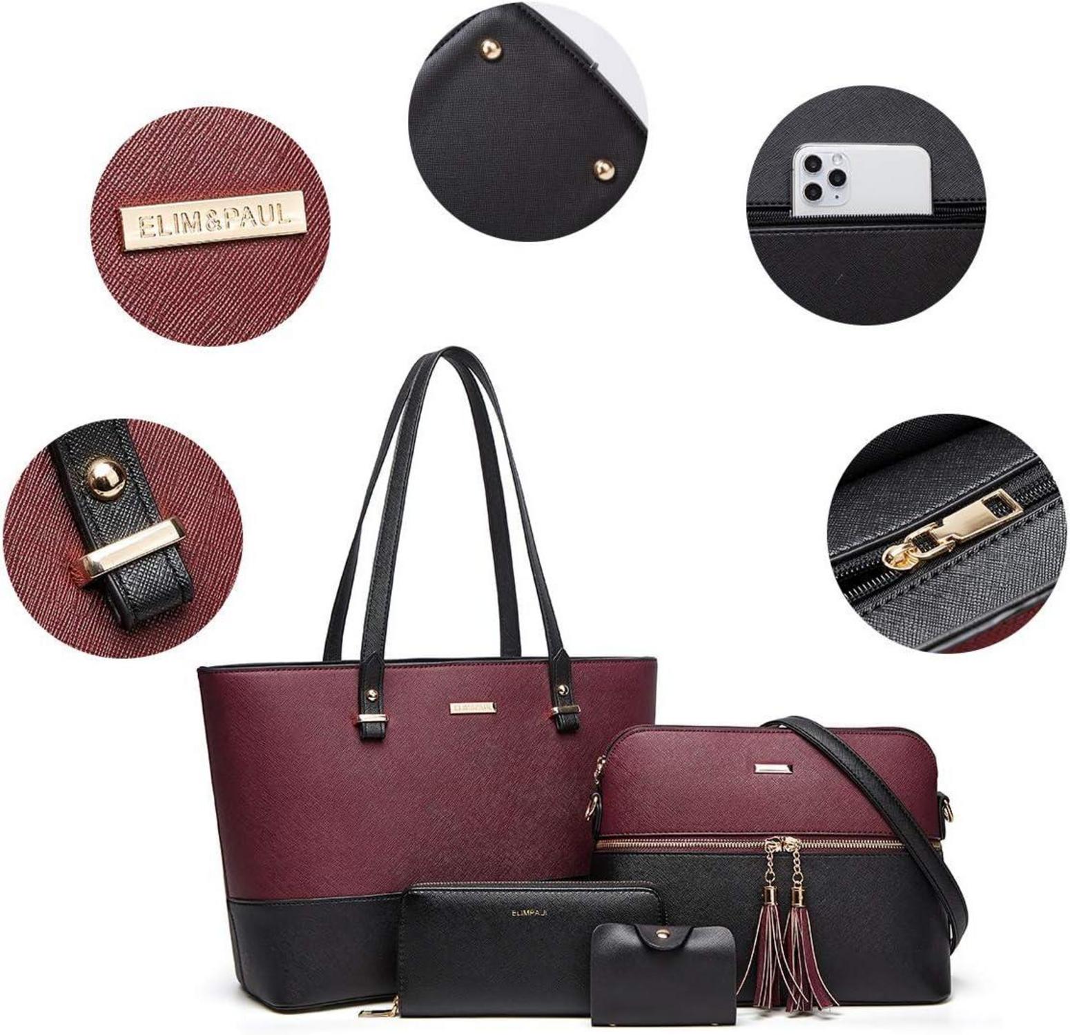 4tlg. YTL Damen Handtasche Set Schwarz-wein - Tote Schultertasche