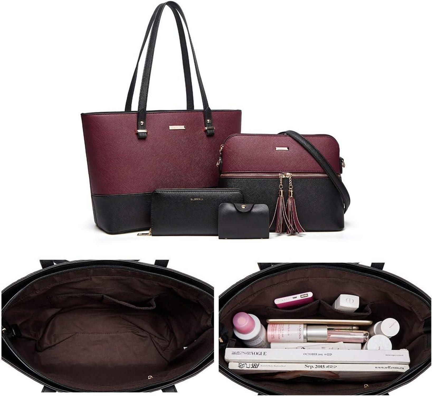 YTL Damen Handtasche Tote Schultertasche Umhängetasche 4-teiliges Set Schwarz-wein