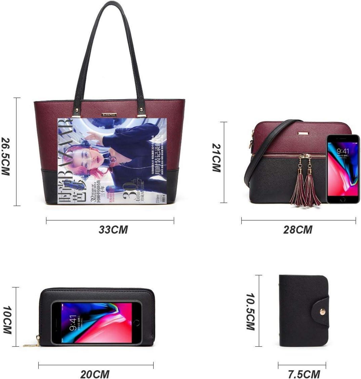 YTL Damen Handtasche Tote Schultertasche Umhängetasche 4-teilig Set Schwarz