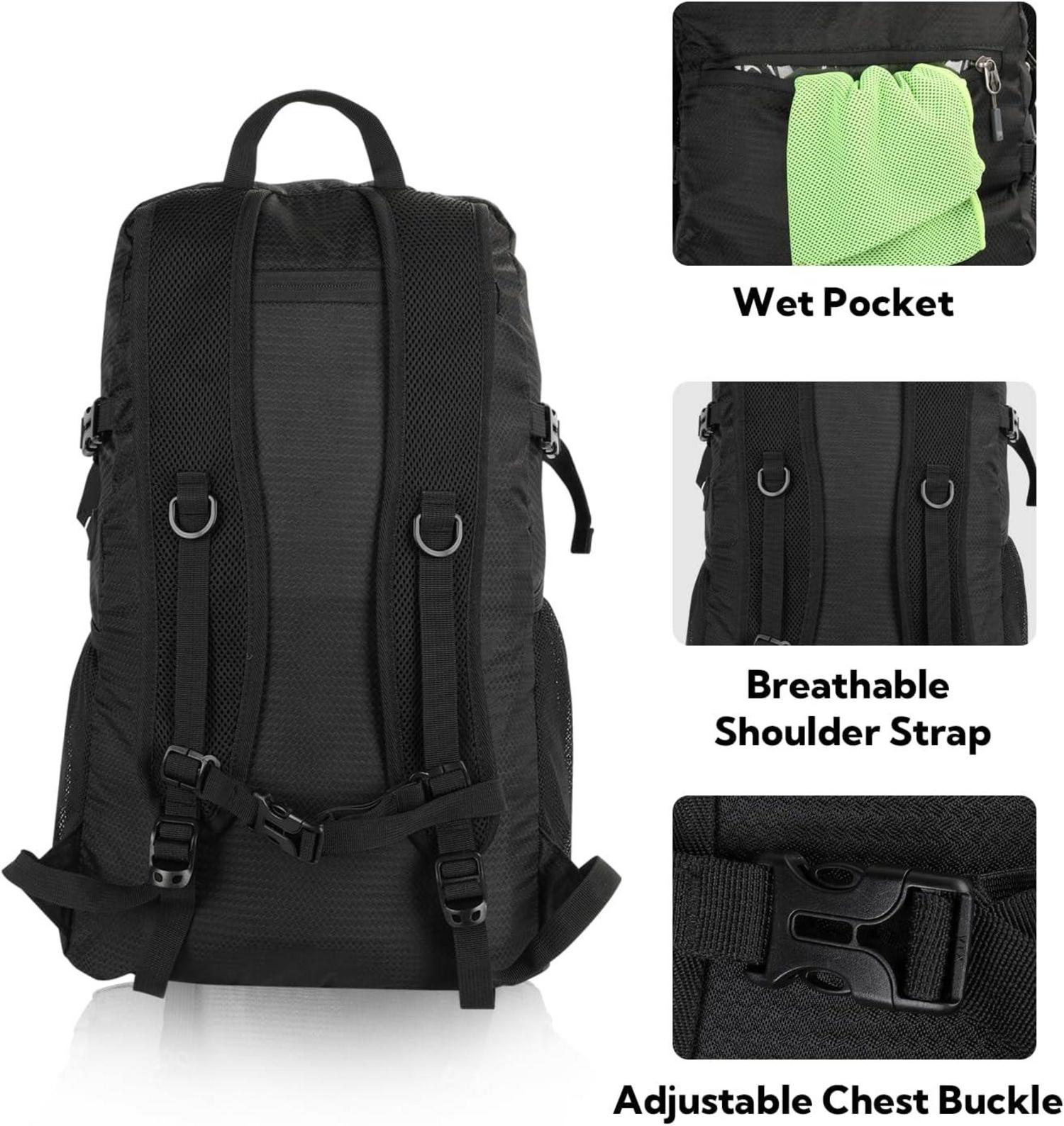 Ultraleichter Faltbarer Rucksack 30L: Outdoor Wanderrucksack Daypack Schwarz