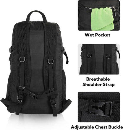 Ultraleichter Faltbarer Rucksack 30L: Outdoor Wanderrucksack Daypack Schwarz