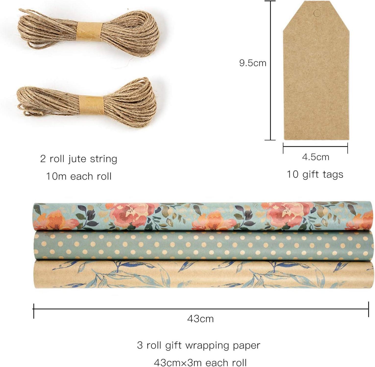 Kraftpapierrollen Frühling Geschenkverpackung Jute 43cm x 3m 3 Rollen