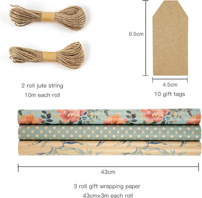 Kraftpapierrollen Frühling Geschenkverpackung Jute 43cm x 3m 3 Rollen