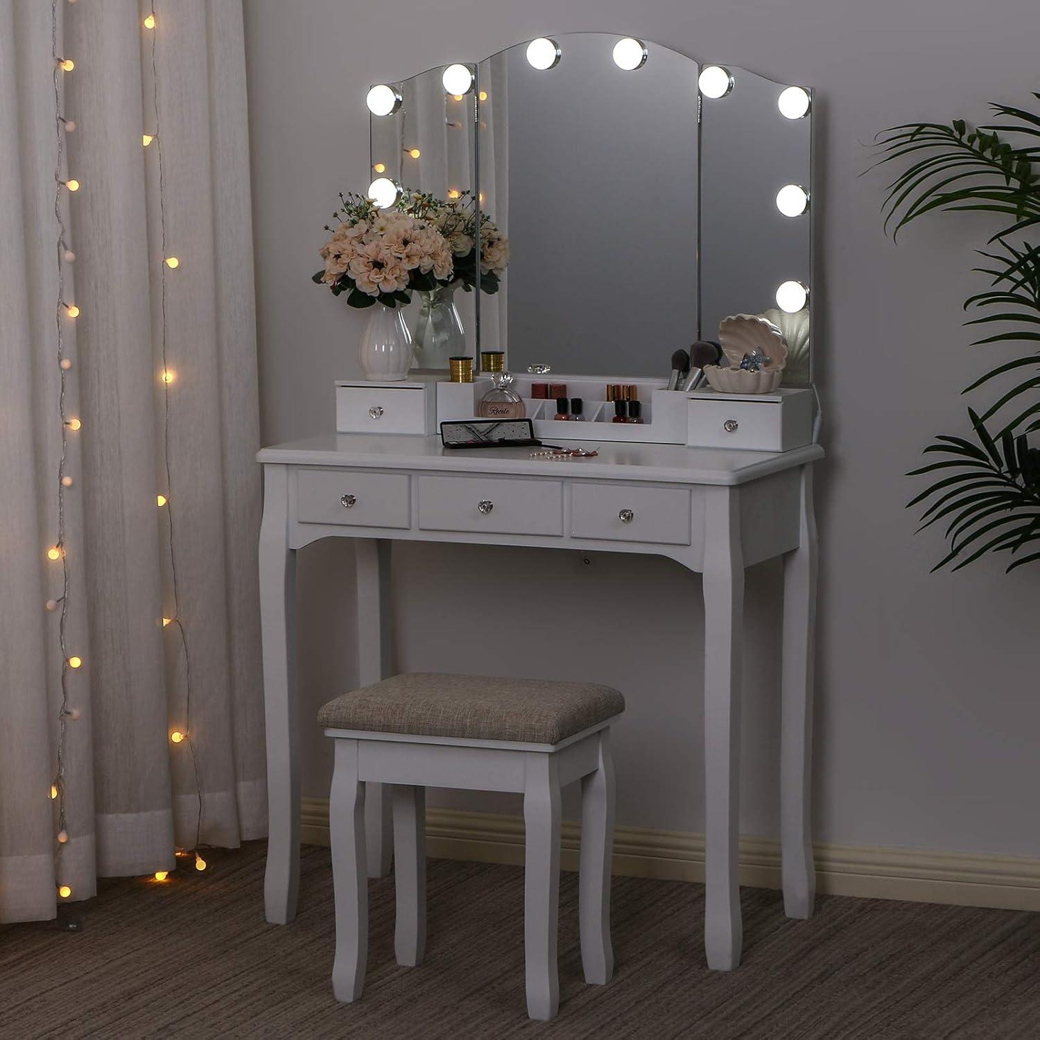 Schminktisch mit LED-Beleuchtung und 5 Schubladen