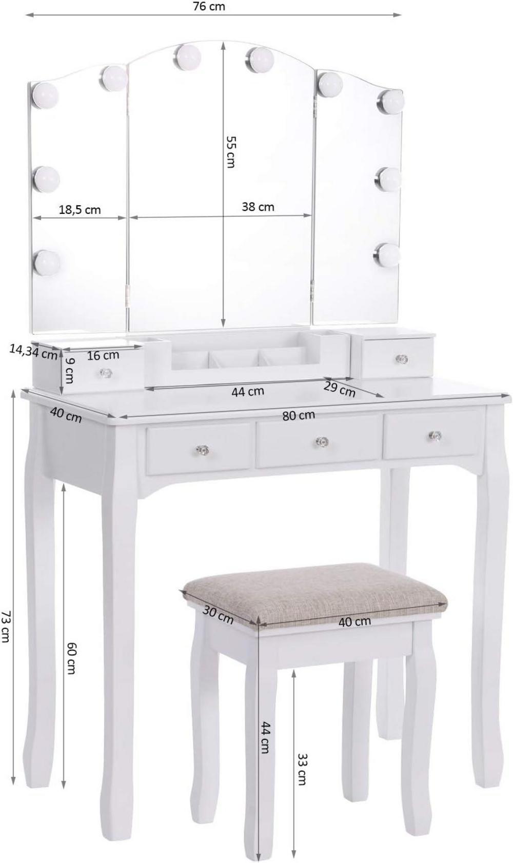 Schminktisch mit LED-Beleuchtung und 5 Schubladen