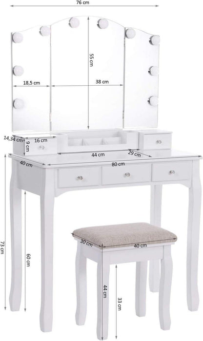 Schminktisch mit LED-Beleuchtung und 5 Schubladen