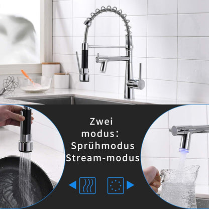 Wasserhahn Küche LED Spültischarmatur Zwei Auslauf 360° Schwenkbar