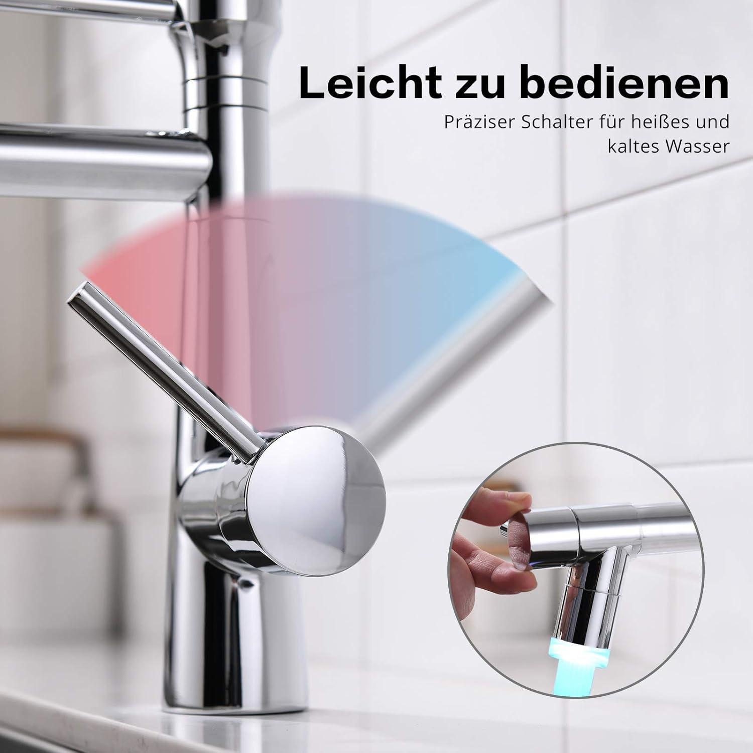 TIMACO LED Wasserhahn Küche mit Spiralfeder und 360° Schwenkbarkeit