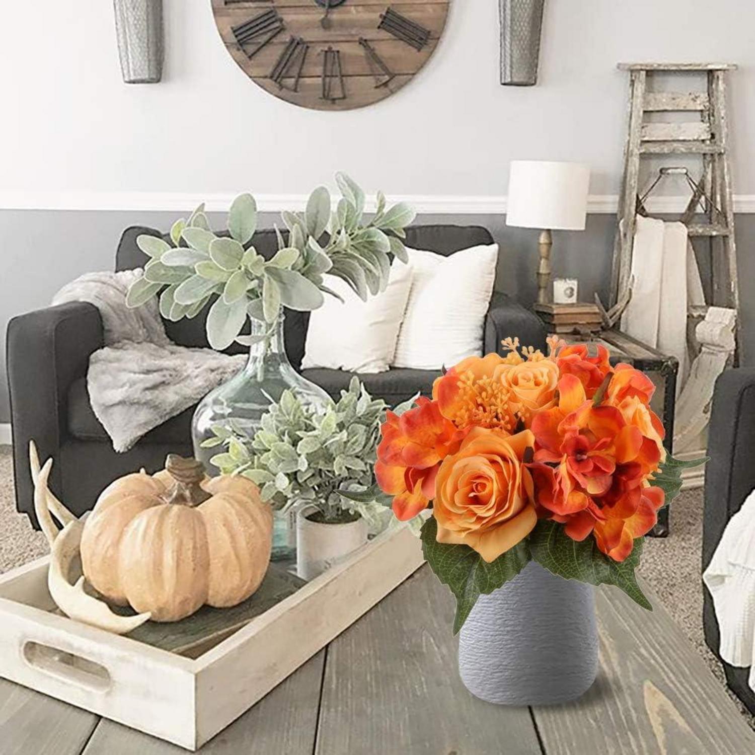 Künstliche Blumenstrauß 2er Set Rosen Hortensie Dekopflanze 30cm Festtags-Hochzeit Orange