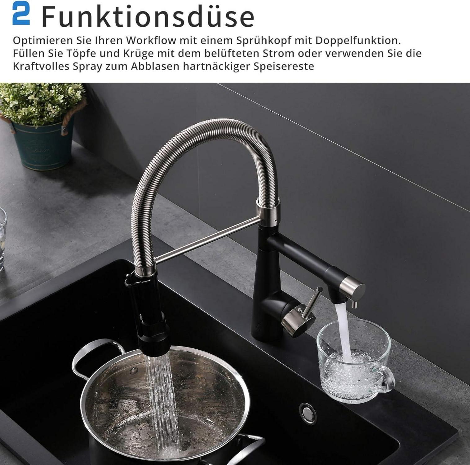 TIMACO Wasserhahn Küche mit Schloss Brause - 360° Schwenkbar - Ausziehbar - Hochdruck - Gebürstetes Nickel/Schwarz