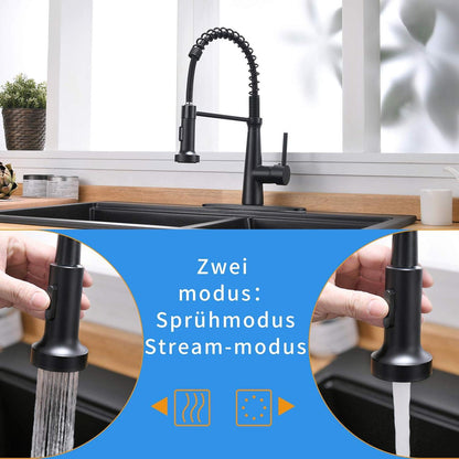 Wasserhahn Schwarz mit Brause 360° schwenkbar Küchenarmatur Spiral Federarmatur