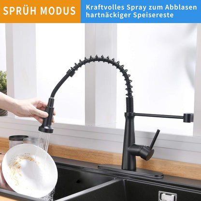 Schwarzer Wasserhahn Küche mit Brause 360° schwenkbar - Mischbatterie