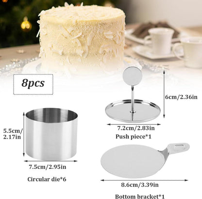 MEESOGA Mini Kuchenringe Set 6er Pack 7,5cm Dessertringe mit Presse und Heber - Edelstahl Silber
