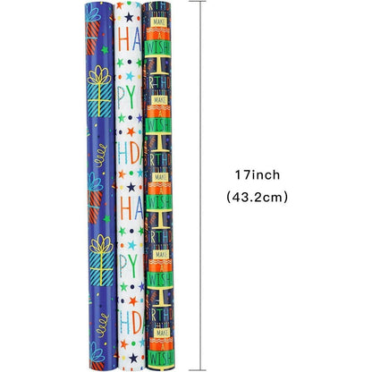 RUSPEPA Geschenkpapierrolle 3 Geburtstagsdesigns 43.2x305cm