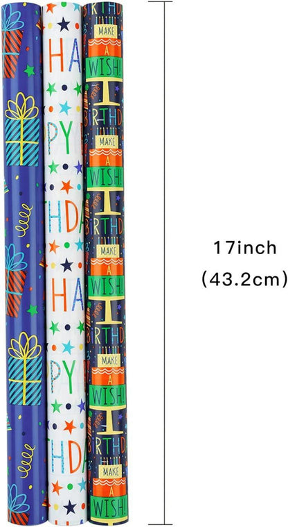 Geburtstags-Geschenkpapierrolle Mini-Rolle 3 Designs 43.2x305cm
