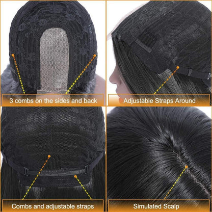 Lange schwarze Glatt Perücke mit Spitze Front & Perückenhaube