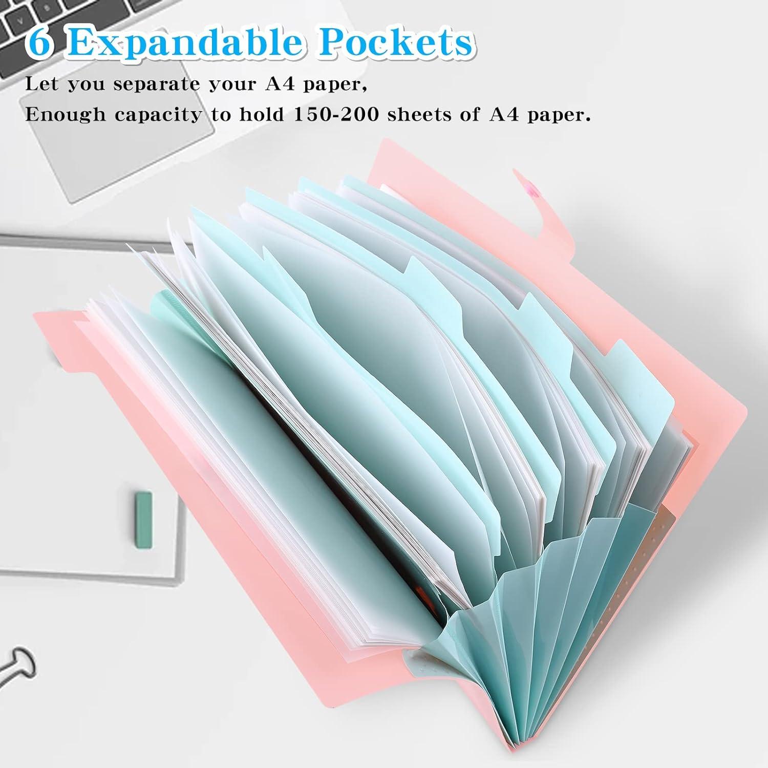 Dokumentenmappe A4 Fächermappe Erweiterbar Tragbar Aktenordner 6 Taschen Rosa