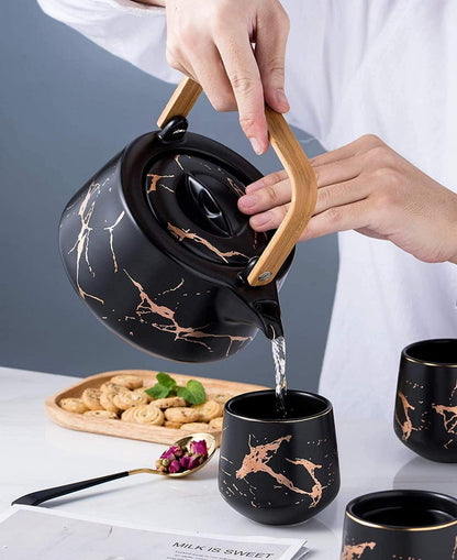 Marmor Teeset mit Teekanne und 4 Teetassen auf Holztablett