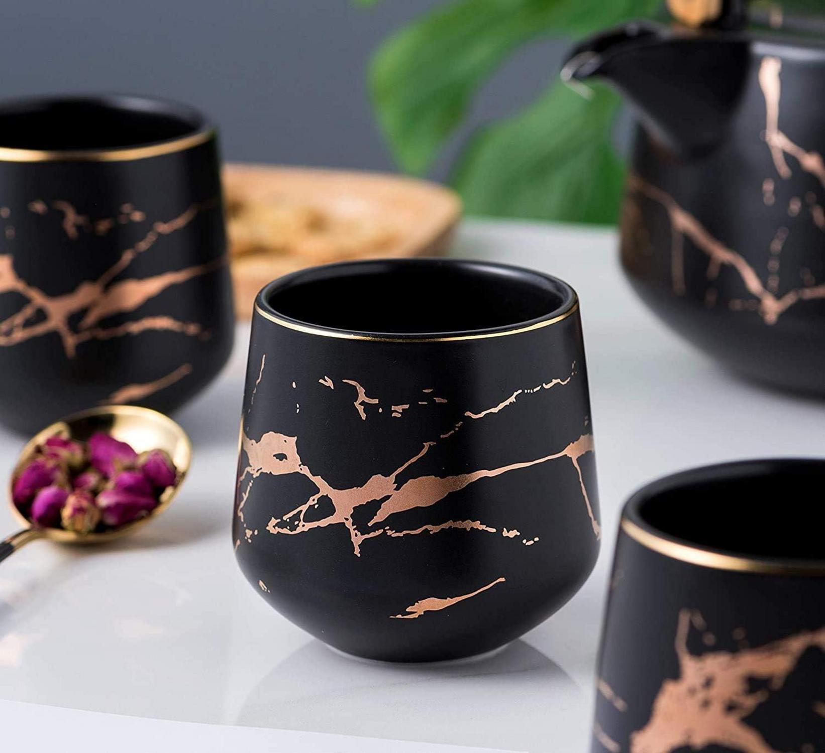 Keramik-Teeset Teekanne 4 Tassen Holztablett Schwarz Marmor Japanisch