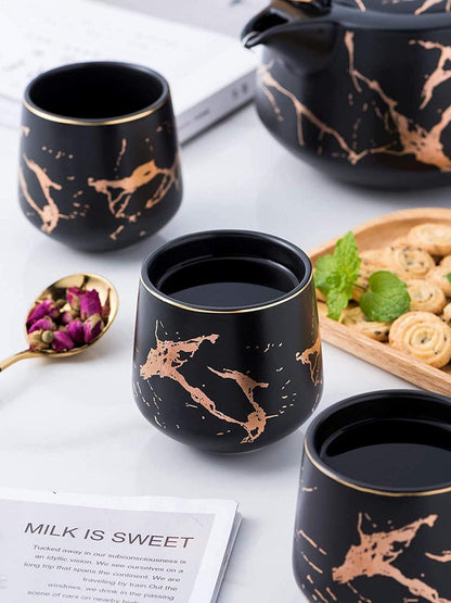 Keramik-Teeset Teekanne 4 Tassen Holztablett Schwarz Marmor Japanisch