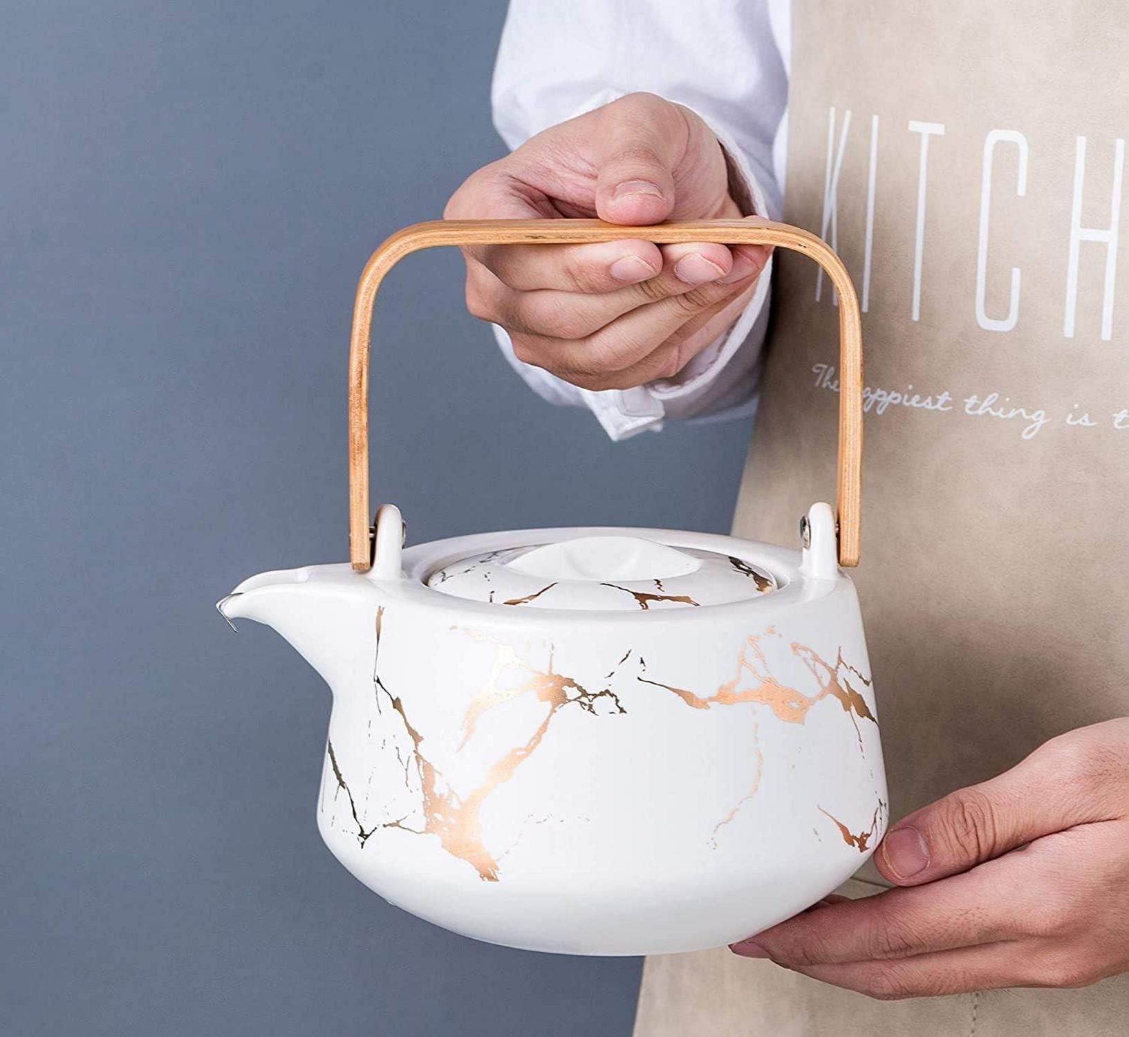 Keramik Teeset Teekanne 4 Teetassen Holztablett Weiß Marmor