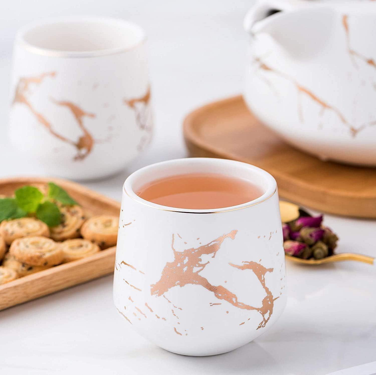 Keramik Teeset Teekanne 4 Teetassen Holztablett Weiß Marmor