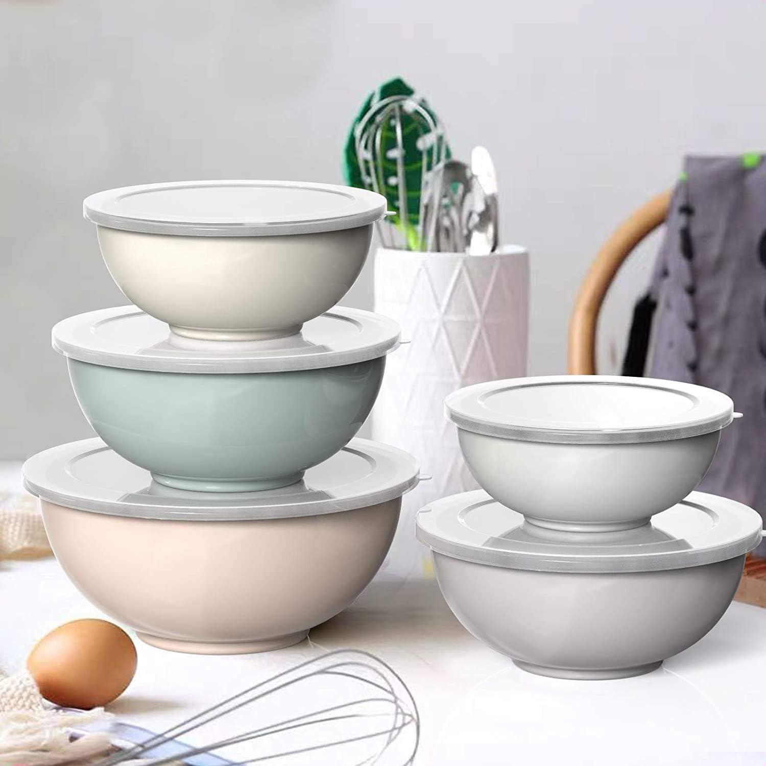 Rührschüssel Set Plastik Salatschüssel Deckel Gabeln Messlöffel 18cm Khaki