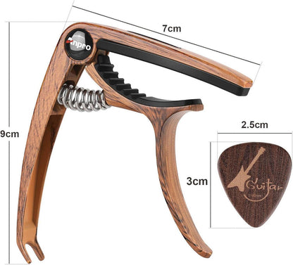 Kapodaster für Gitarre mit 6 Plektren, Holzmaserung