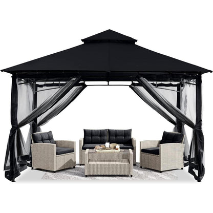 Gartenpavillon 2,5x2,5m mit Netz und Doppeldach, Schwarz