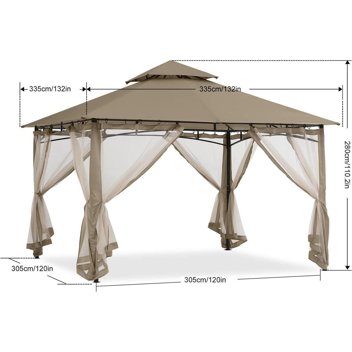 Gartenpavillon 3.35x3.35m mit Netz und Doppeldach, Khaki