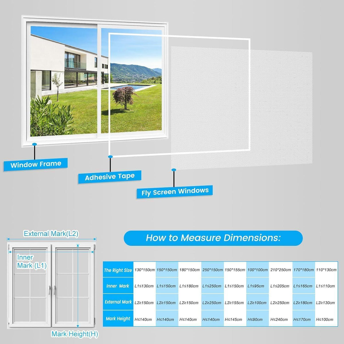 Fliegengitter Fenster Set 2er Pack 250x150cm, Zuschneidbar & Klebemontage