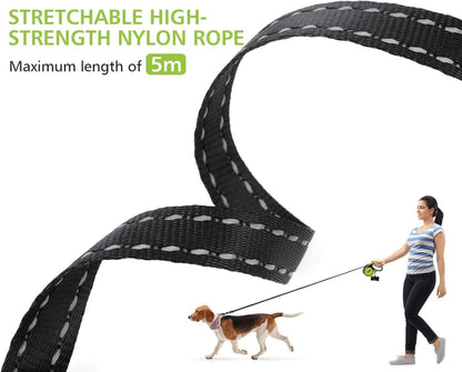 Hunde Rollleine 5m mit Reflektierenden Maschen und Müllbox, belastbar 66 Pfund