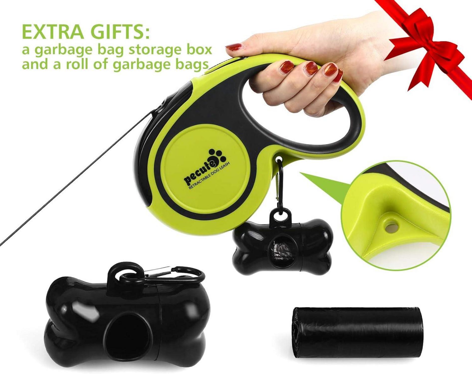 Hunde Rollleine 5m mit Reflektierenden Maschen und Müllbox, belastbar 66 Pfund