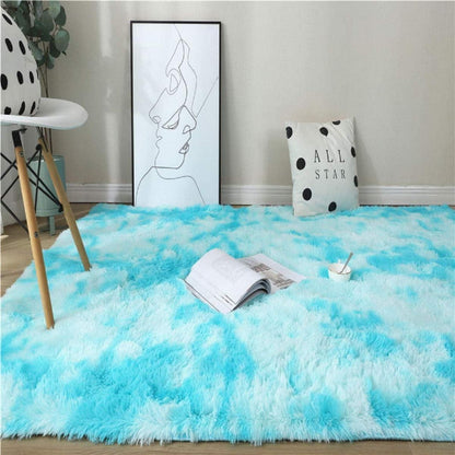 Flauschiger Teppich Rund Hochflor Rutschfest Weich 185x185cm Blau Weiß