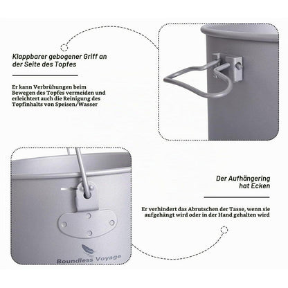 Titantopf Camping 750ml - 1300ml mit Deckel & Griff
