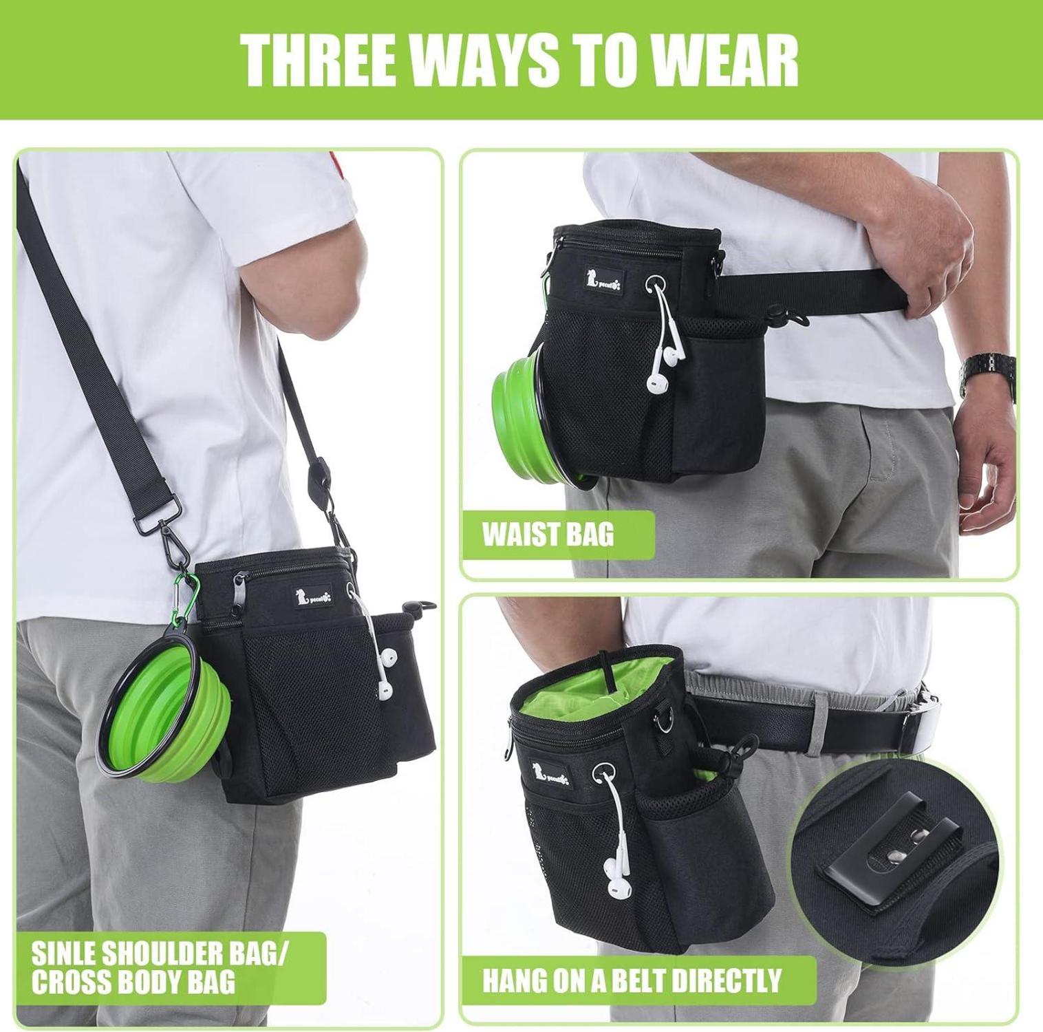 Futterbeutel Hund 4in1 Leckerlibeutel wasserdicht Poop Bag Holder verstellbarer Schultergurt (Schwarz
