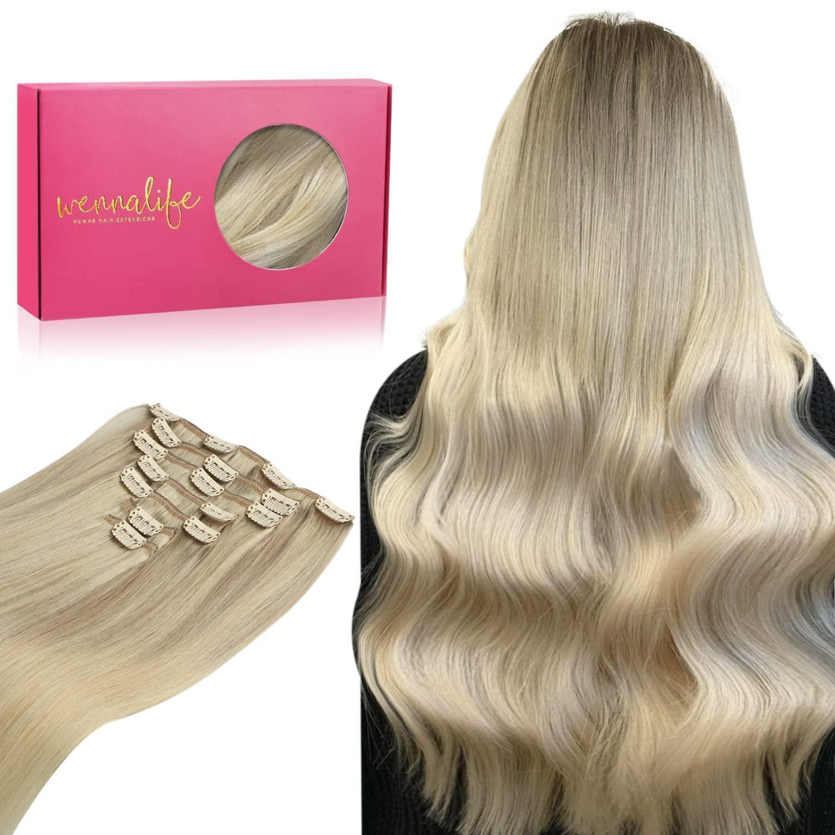 Echthaar Clip-Ins Aschblond bis Platinblond 50cm